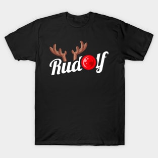 Rudolph The Reindeer Antlers Red Nose Christmas T-Shirt